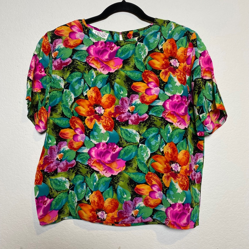 Vintage Tess‎ Floral Silk Blouse Top Short Sleeve Colorful Women's Size L
